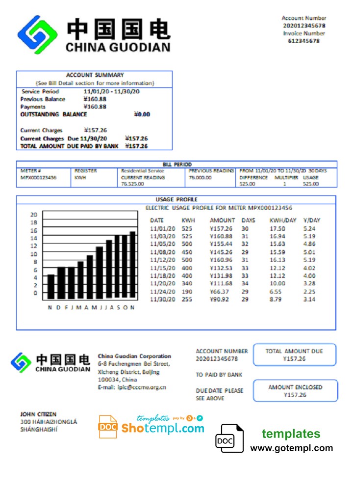 China Guodian Corporation electricity utility bill template in Word and PDF format
